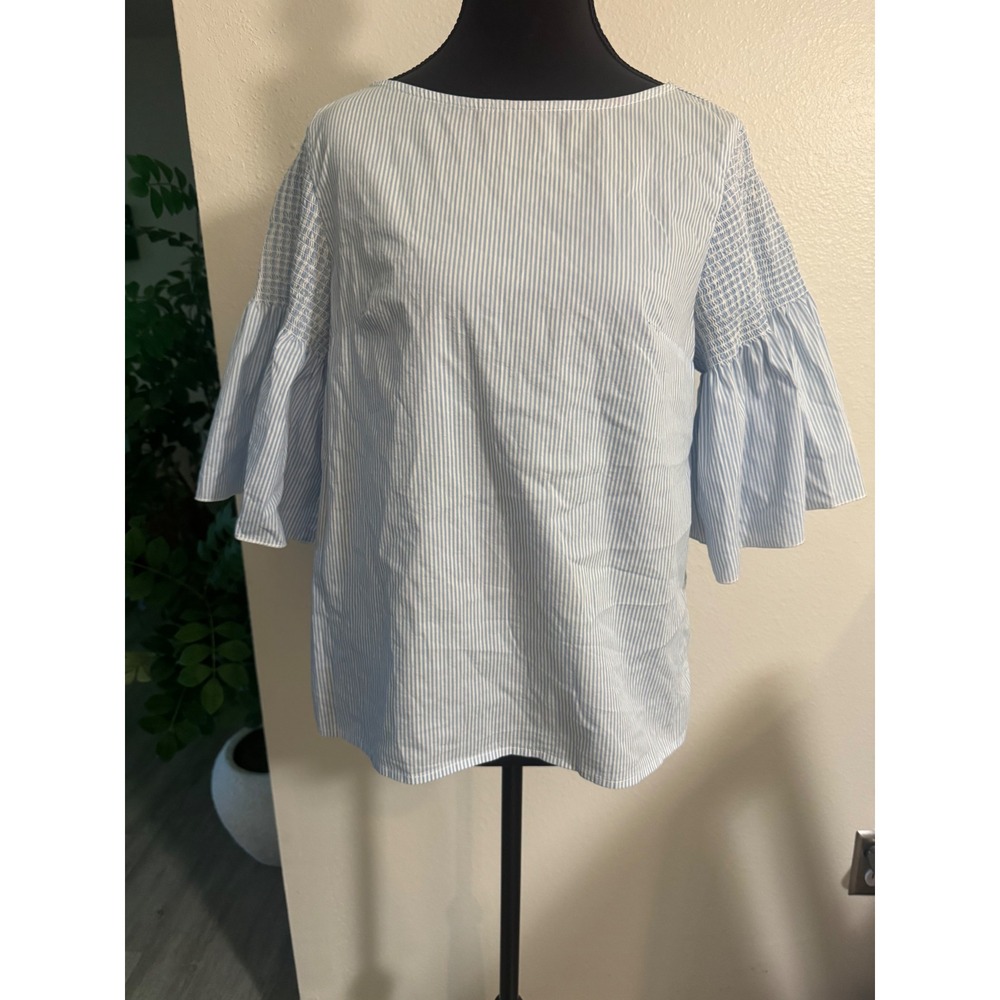 Vineyard Vines Made in Italy Blue White Striped Smocked Ruffle Sleeve Blouse XS
